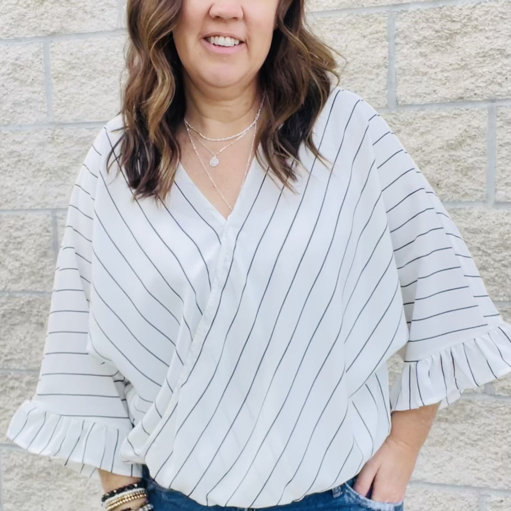 
                  
                    Casual surplice top with striped pattern throughout. Bell sleeves, elastic on front with easy fit. Woven, non sheer  100% Poly
                  
                