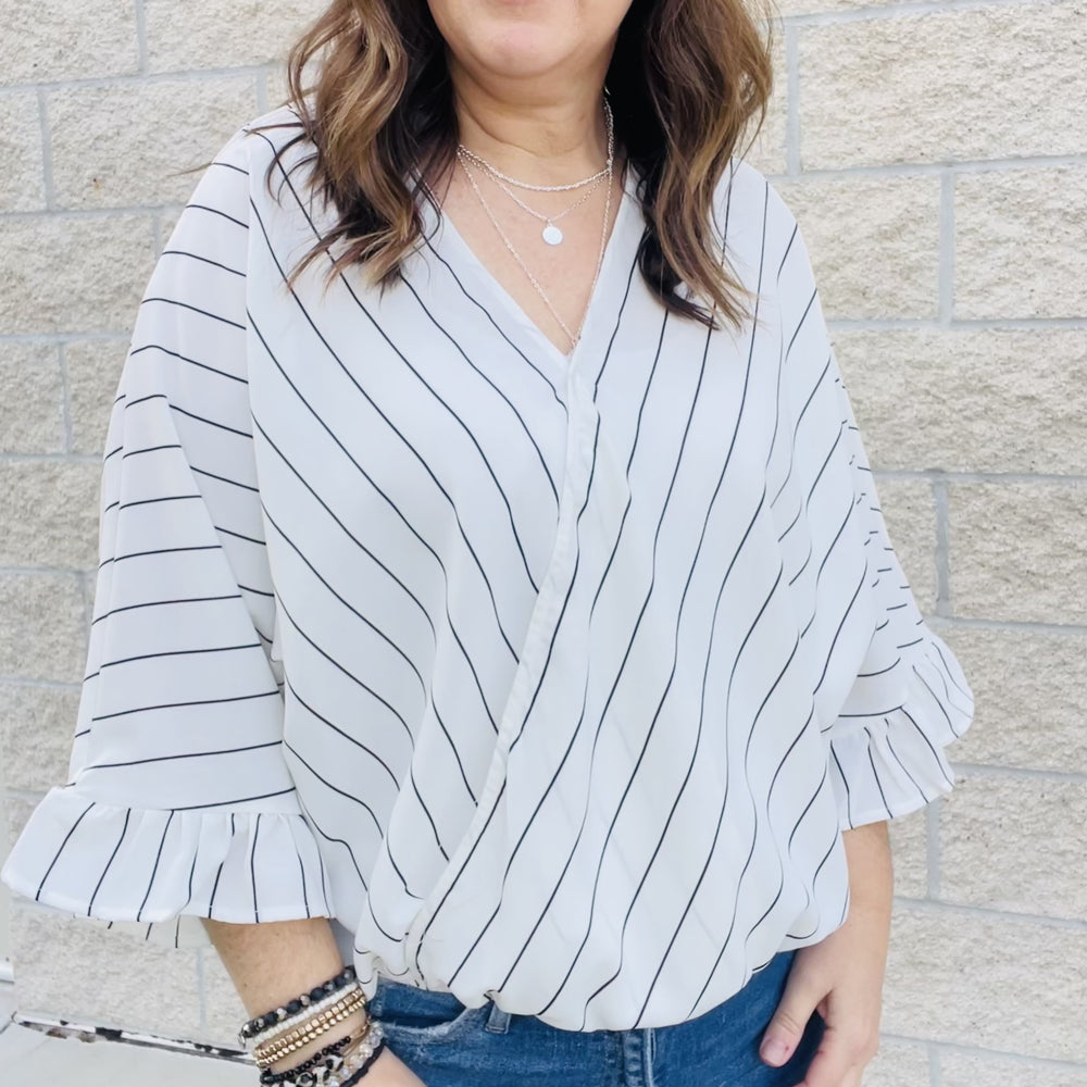
                  
                    Casual surplice top with striped pattern throughout. Bell sleeves, elastic on front with easy fit. Woven, non sheer  100% Poly
                  
                
