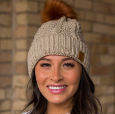 Tan Cable Knit Beanie Hat with Fur Pom