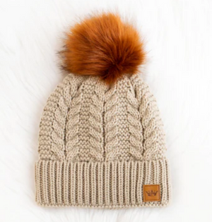 Tan cable knit hat Natural faux fur pom accent Fleece lined 100% Acrylic
