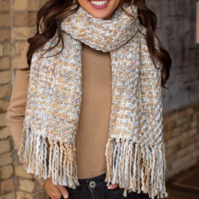 Pink, grey, cream loom woven long scarf with fringe  100% Acrylic  16" x 72"