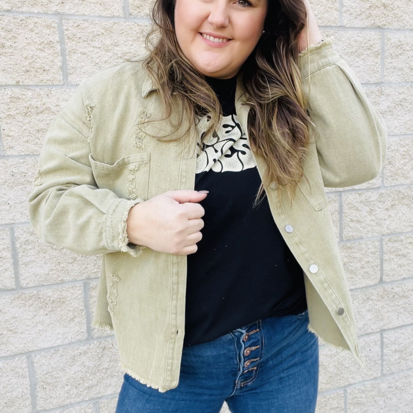 A touch of style to take your outfit up a notch. A must-have jacket to have in your closet this season. With a touch of distressed style, this jacket adds personality to any outfit. Throw it on over a simple dress or your favorite jeans for a chic and laid-back look. With its comfortable and easy fit, this jacket will quickly become your go-to for any occasion.  Details Washed Finish Distressed Button up jacket Layering piece Khaki color Loose Fit