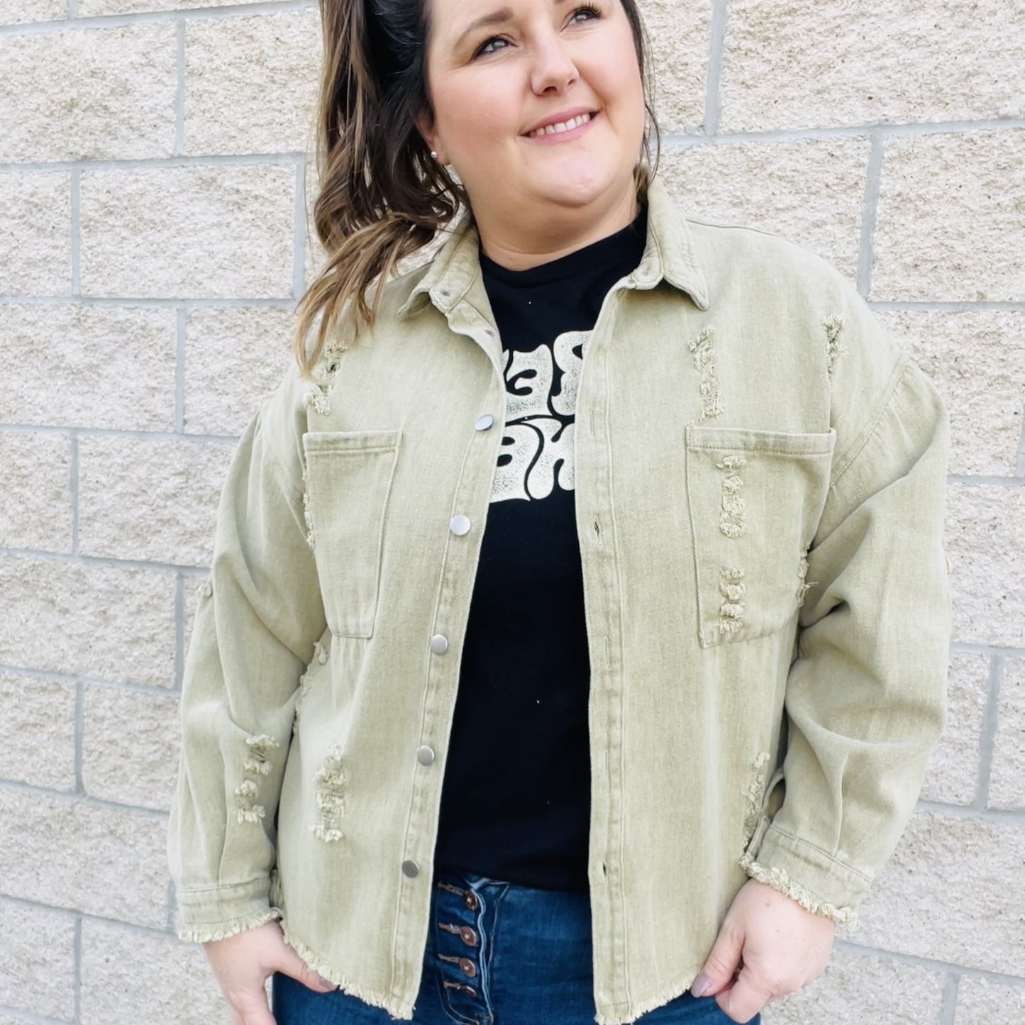 A touch of style to take your outfit up a notch. A must-have jacket to have in your closet this season. With a touch of distressed style, this jacket adds personality to any outfit. Throw it on over a simple dress or your favorite jeans for a chic and laid-back look. With its comfortable and easy fit, this jacket will quickly become your go-to for any occasion.  Details Washed Finish Distressed Button up jacket Layering piece Khaki color Loose Fit